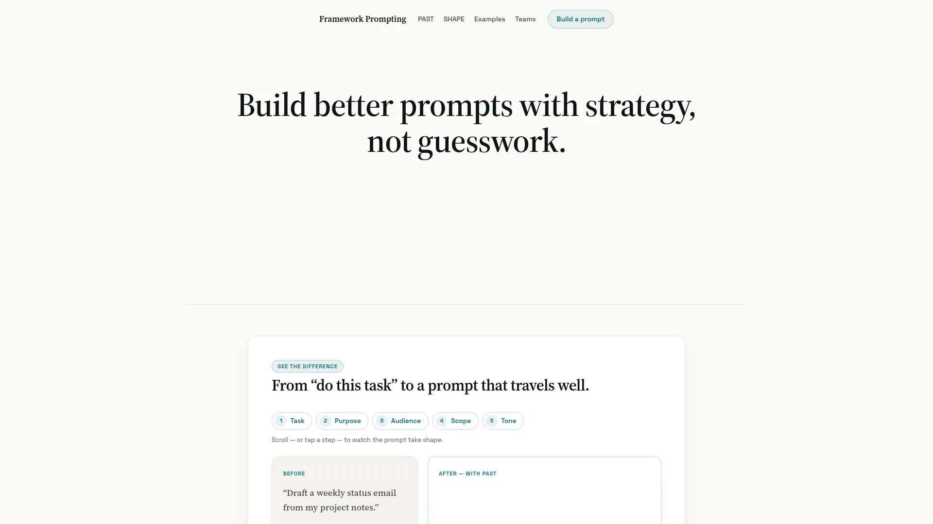 The Framework Prompting home page: a large serif headline reading “Build better prompts with strategy, not guesswork.”