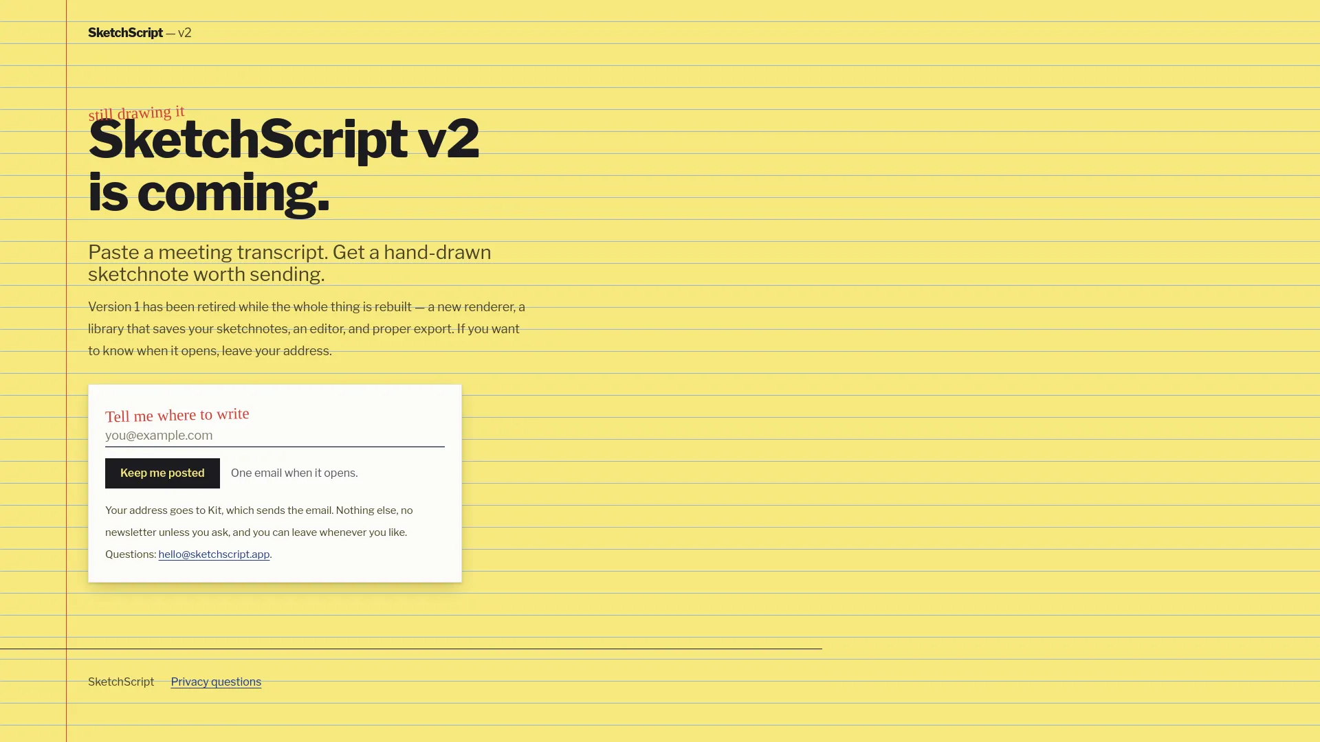 The SketchScript holding page: bold black type on ruled yellow notepaper reading “SketchScript v2 is coming.”